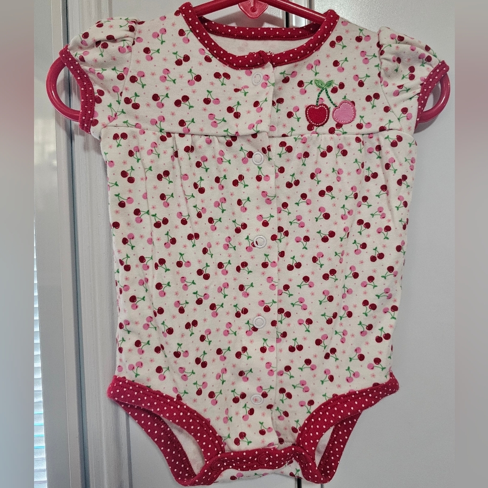 🍒 Carter’s Cherry Embroidered Bodysuit | 3 Months | Baby Girl Red & Pink